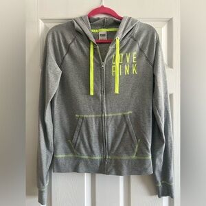 Victorias Secret PINK Full Zip Women Sz Small Gray/Neon Yellow Combo Logo Hoodie